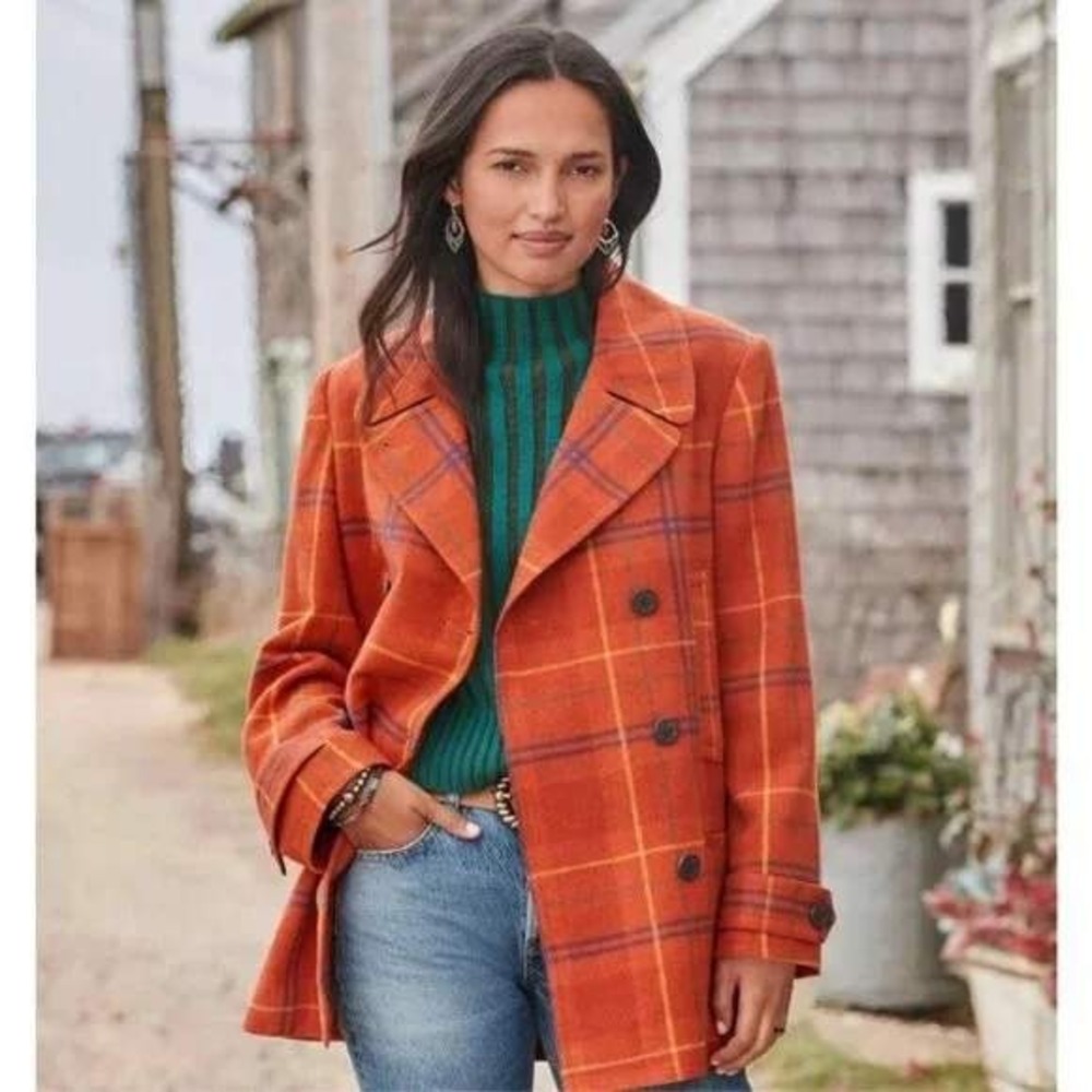 Sundance Courtney Peacoat Gingerplaid Double Breasted Coat Orange Large